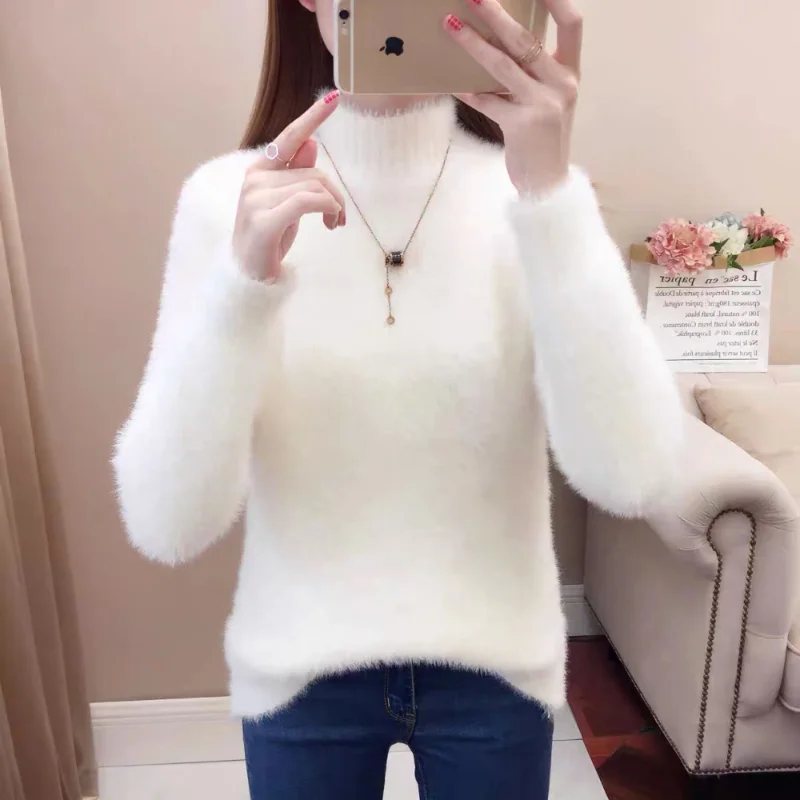 

Пуловер с норковым пухом и воротником средней длины, женский свитер на осень и зиму 2023, повседневный однотонный Свободный вязаный пуловер с низом, женский свитер