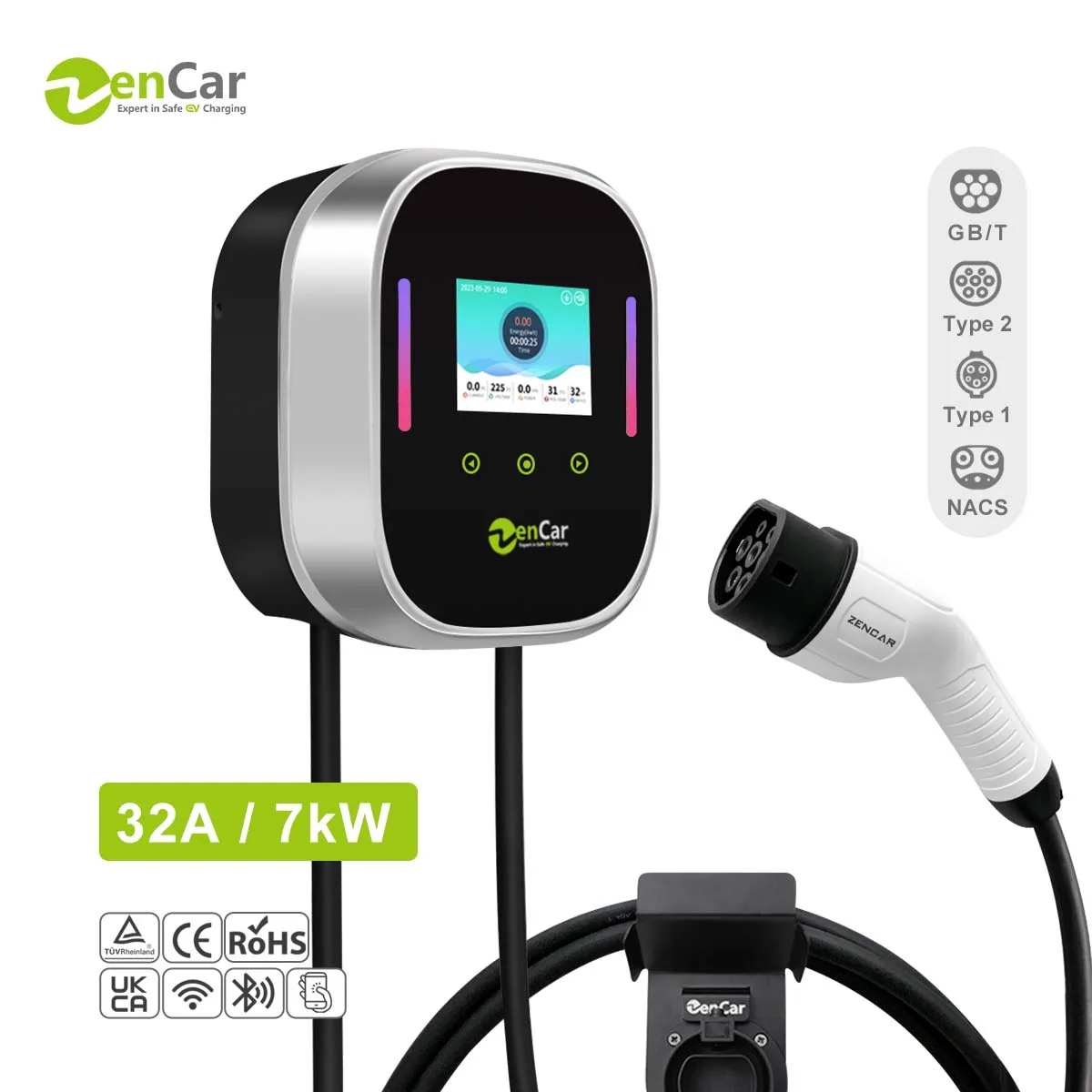 젠카 공장 EV 충전기 7kW 월박스 32A 충전 스테이션 (대형 화면 타입 2 플러그, WiFi 앱, RFID, IP66, 가정용)