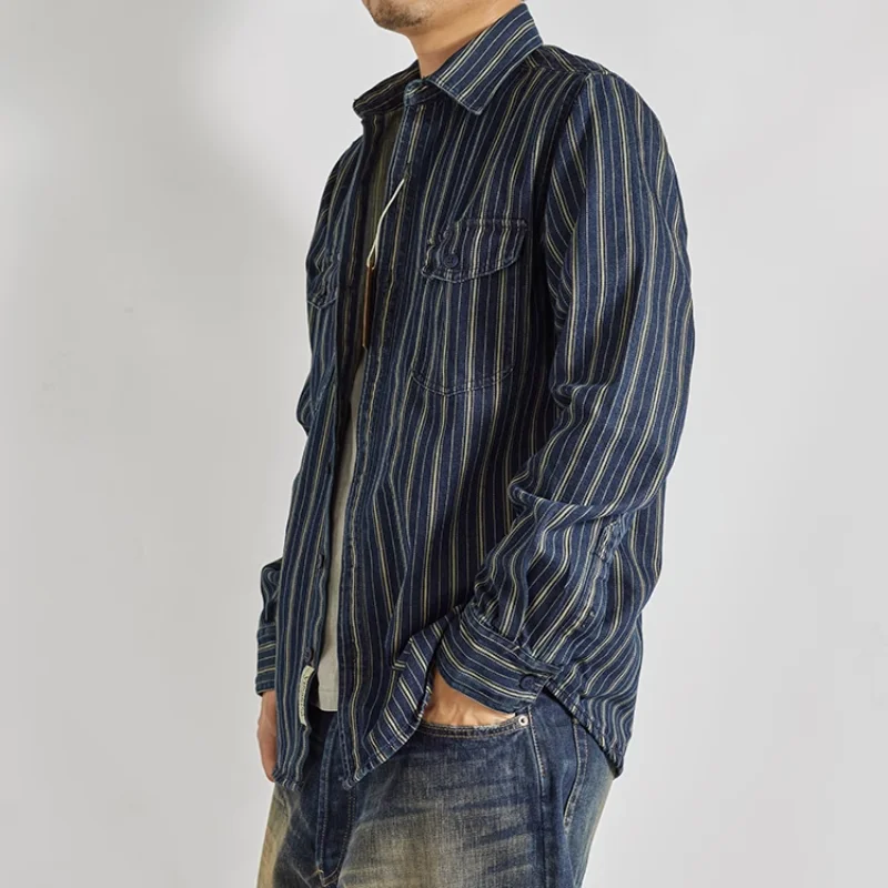 Denim Shirt Vintage vertical stripe denim shirt with heavy Aimi khaki cargo wash to make old men's coat
