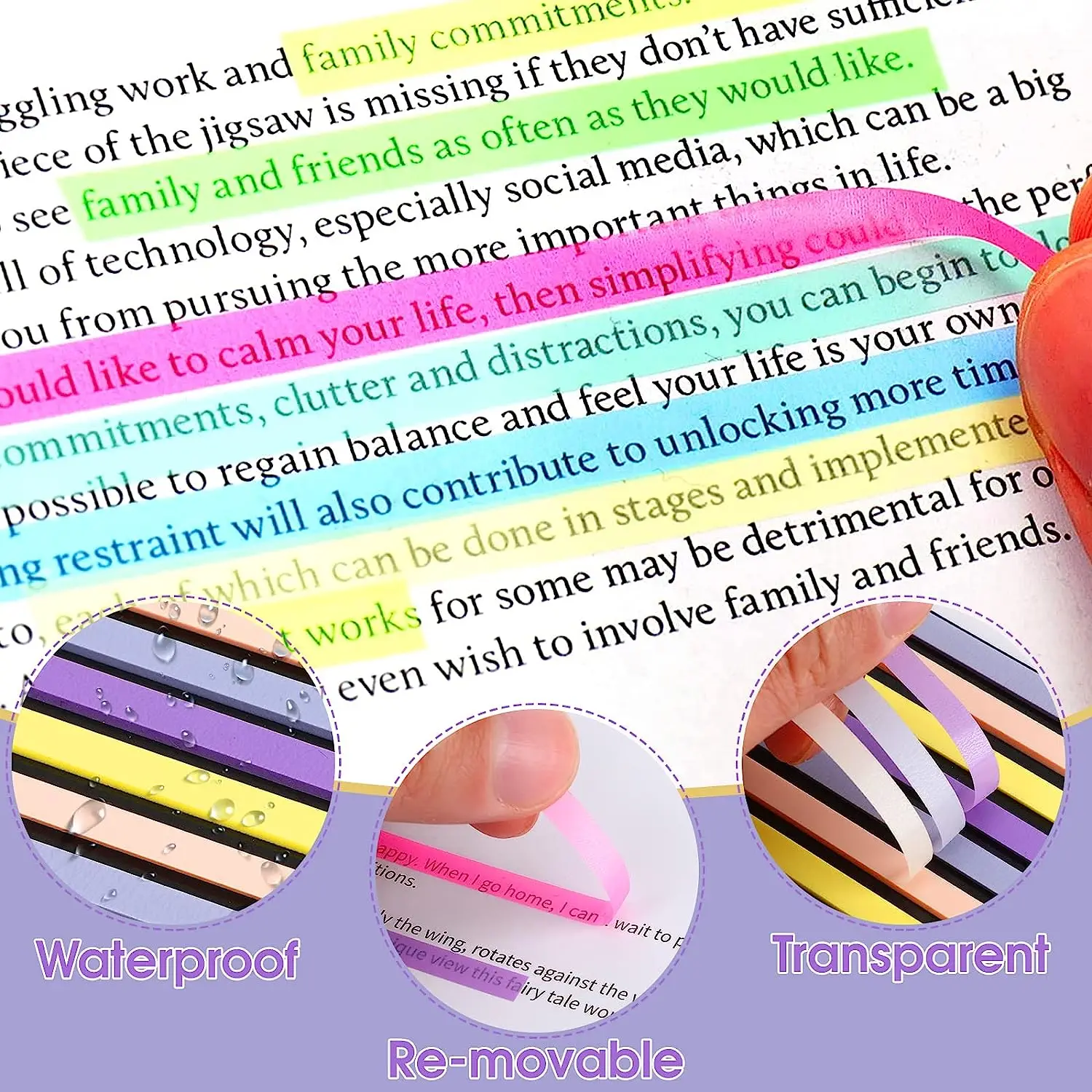 Highlighter Tape，1280 Pcs Long Transparent Highlighter Strips Page Markers Tabs for Annotating Books Removable Clear Highlighter 2