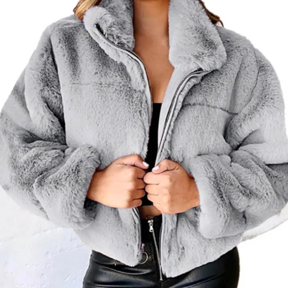 

Women Cotton Blended Coat Elegant Plush Zipper Cardigan for Women Stylish Commute Design Cozy Winter Coat with Solid Color Stand