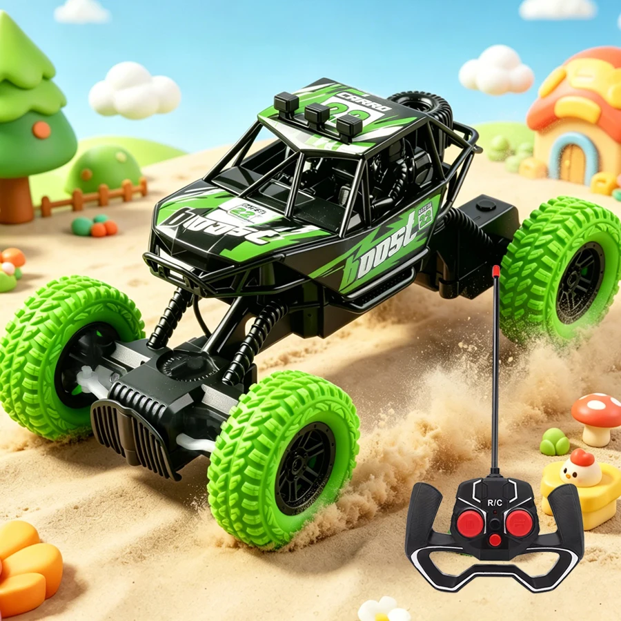 Vue de dessus du Crawler Buggy RC Stunt 4WD 2.4GHz montrant ses quatre roues motrices et sa suspension robuste.