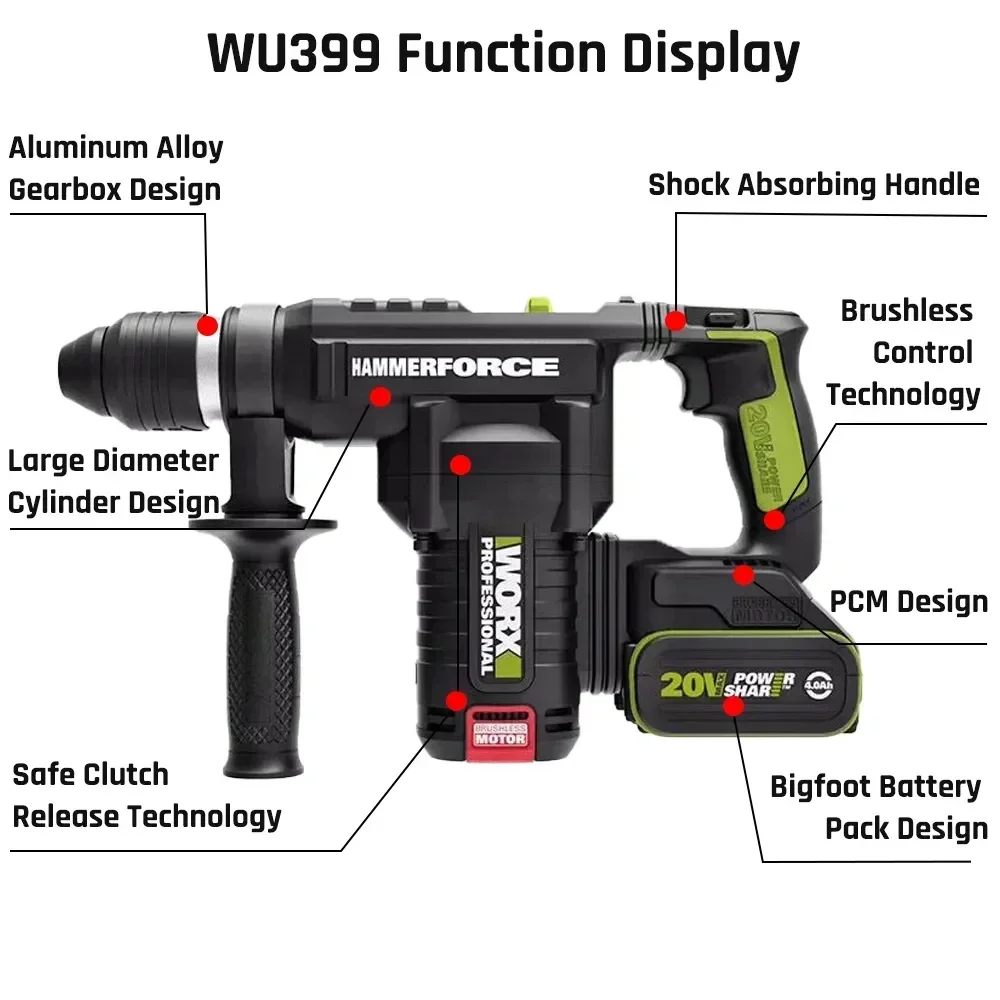 WORX WU399 5.0J Electric Hammer Impact Drill Industrial Grade Brushless 20V Green Lithium Battery 2