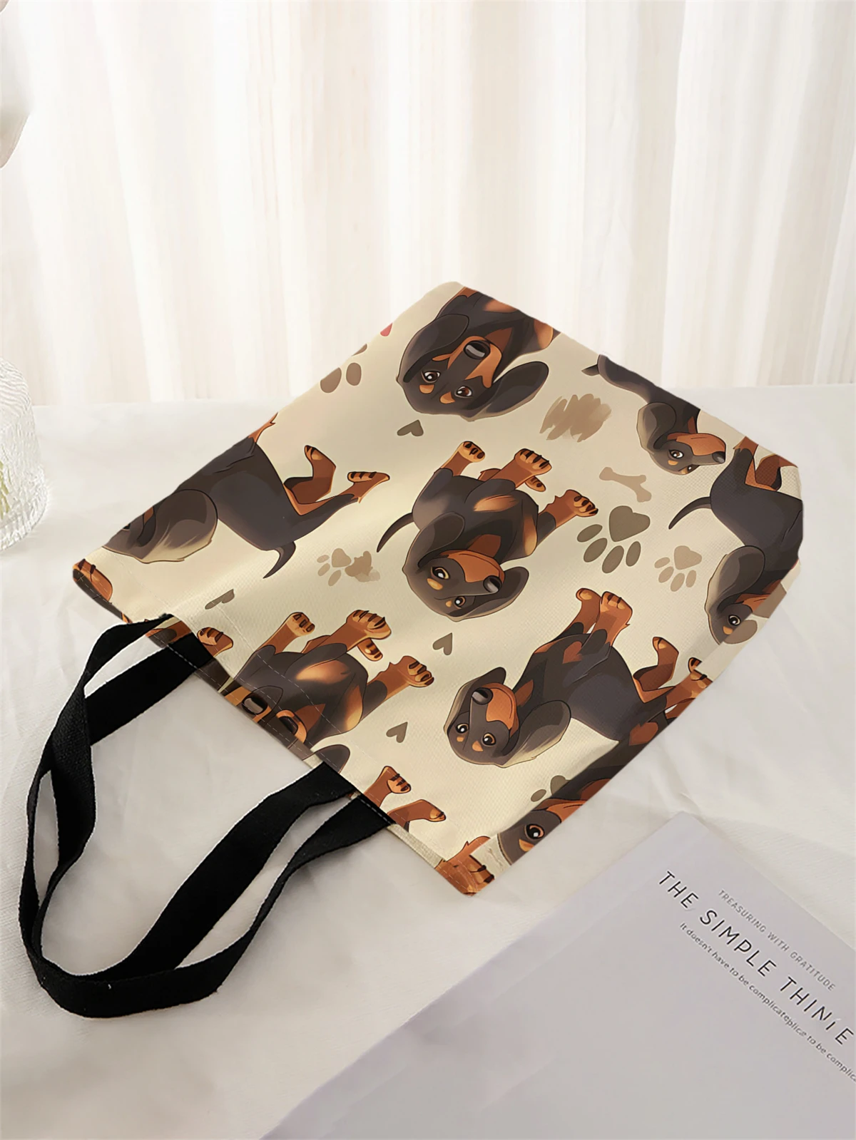 1 piece, cartoon dog handbag, reusable fashionable handbag, multifunctional handbag, printed canvas shopping bag