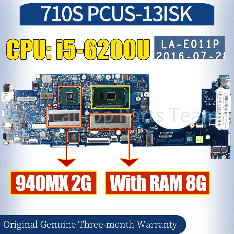 

Женская материнская плата для ноутбука LENOVO Ideapad 710S LA-E011P, материнская плата SR2EY для ноутбука 8G GPU 940MX 2G 5B20M36104, материнская плата для ноутбука