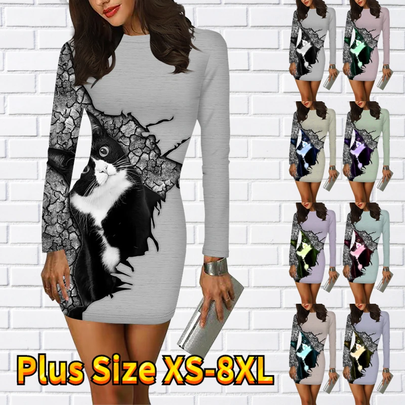 

2023 Sexy Party Skirt Fall Women's Crew Neck Long Sleeve Skirt Elegant Slim Dress Winter 3D Printed Tight Skirt Vintage Dress