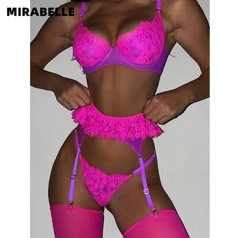 MIRABELLE-Lencería fina de encaje para mujer, ropa interior Sexy porno, conjunto de liguero con volantes para el cuerpo, sujetador lujo y bragas - AliExpress