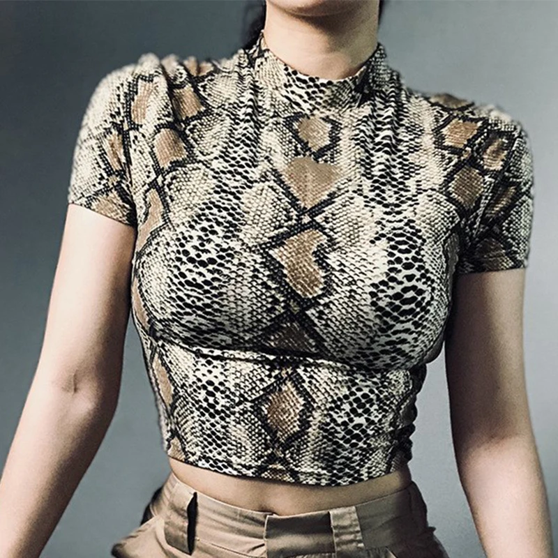 Snake Print High Collar Crop Tank Top