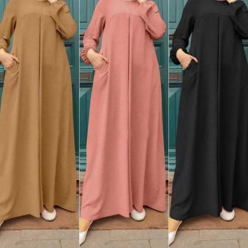 

Middle East Muslim Women's Wear Casual Solid Color Stitching Elastic Cuff Women's Dress Long Dress dresses abaya dress muslim