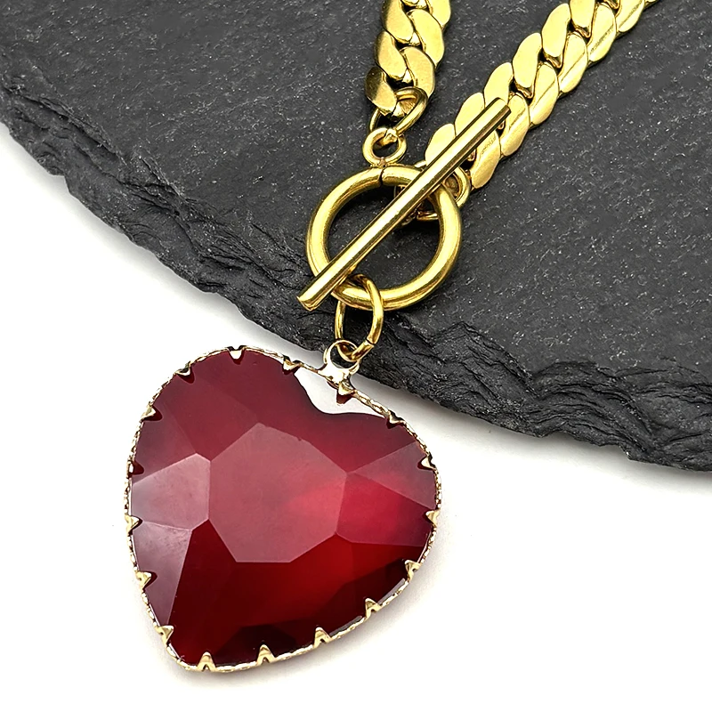 Gothic Punk Rotes Herz Glas Anhänger Halskette Halsband für Frauen Männer Edelstahl Gold Farbe Schlüsselbein Kette Halsketten Schmuck