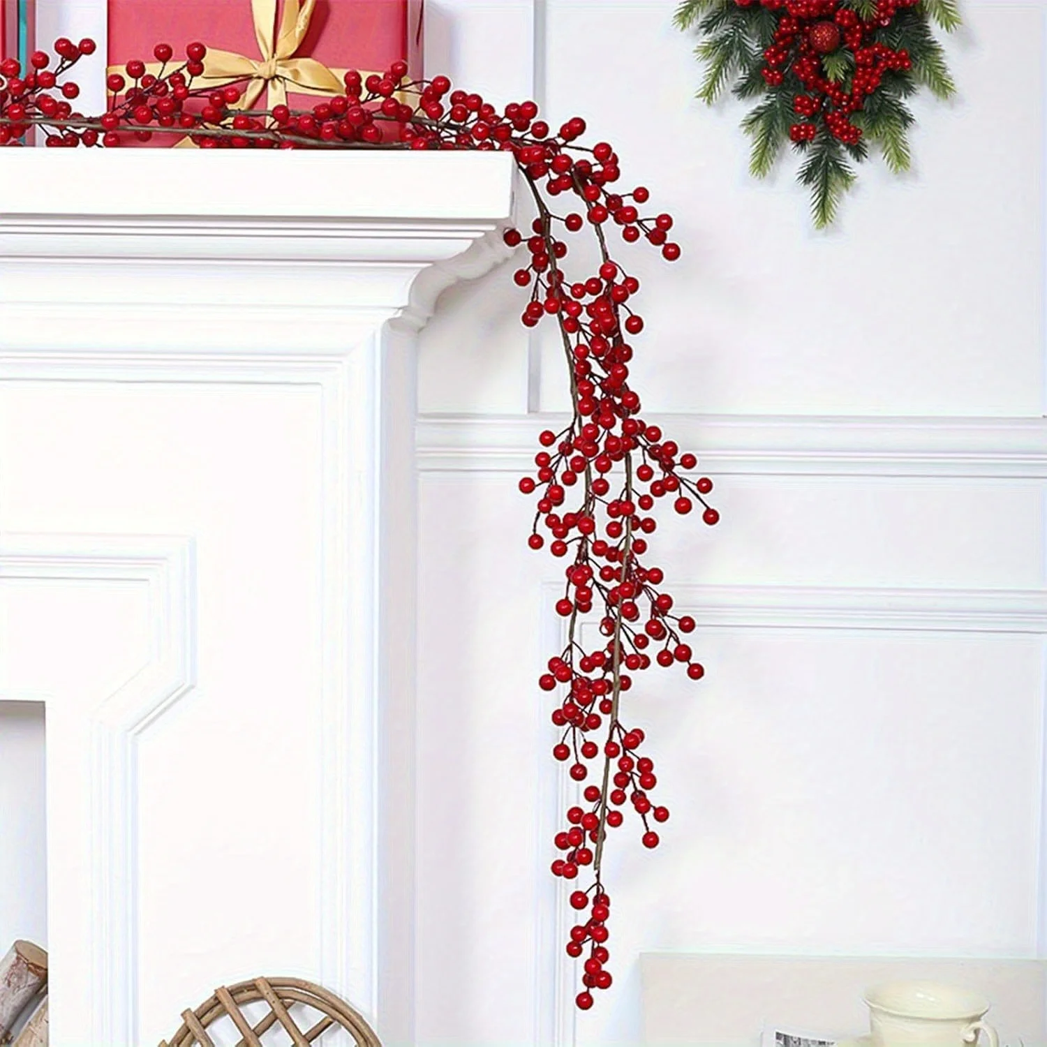 Künstliche rote Himbeerranke – roter Beerenkranz, Weihnachtsdekoration – geeignet für Feiertagskamin-Treppendekorationen – Detail 3