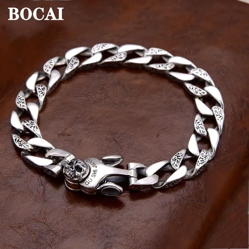 

BOCAI New Solid S925 Pure Silver Fashion Jewelry Accessories Tang Grass Pattern Personality Turning Skull Man Bracelet