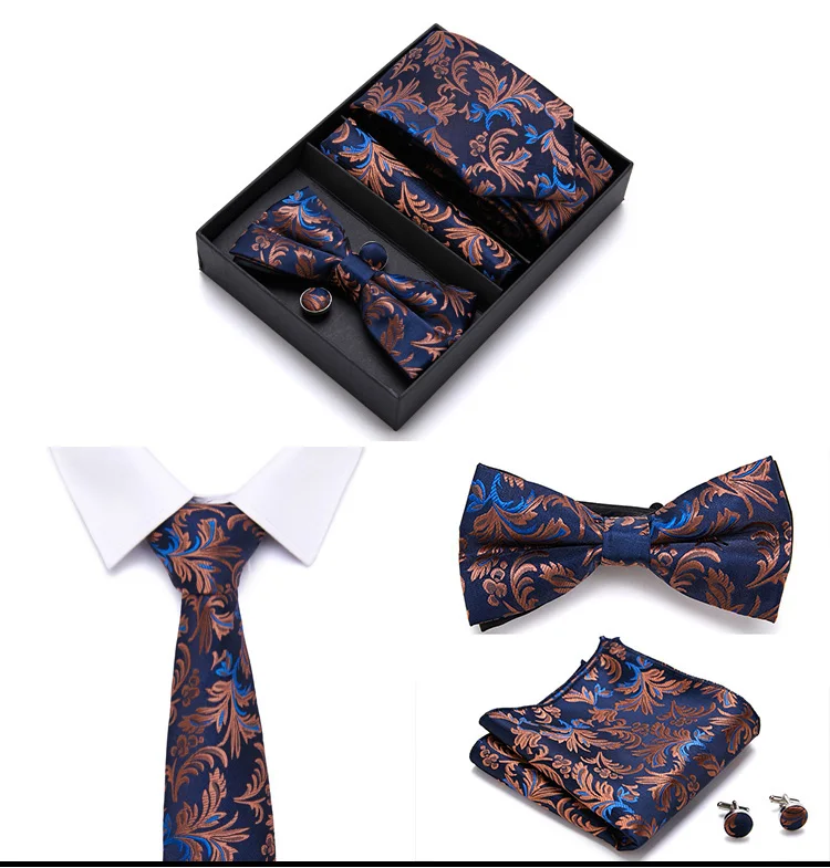 Herren-Krawatten-Set für Männer, lila, einfarbig, blau, geblümt, Fliege, Einstecktuch, Manschettenknöpfe, modische Hochzeitskrawatte in Geschenkbox – Detail 5