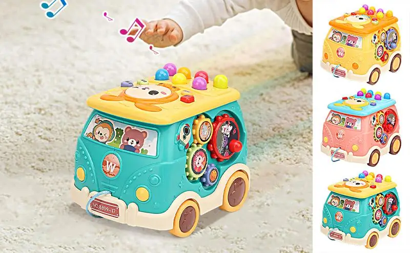 

Toddler Bus Toys Pounding Game Montessori Activity Bus Toy Cartoon Bus With Light & Music Cars Educational Toys For Children