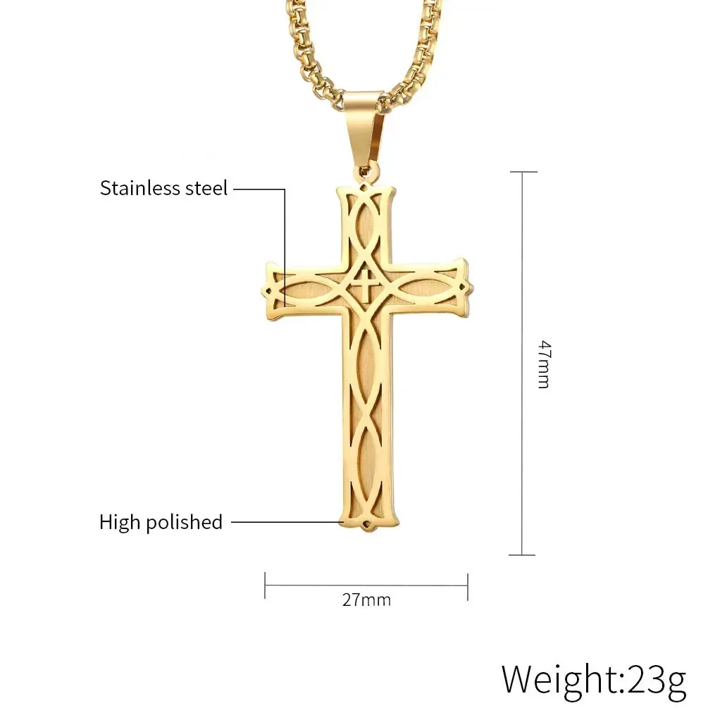 Irish Knot Cross Pendant Men Necklace,Stainless Steel Chain, Prayer Religious Boy Jewelry