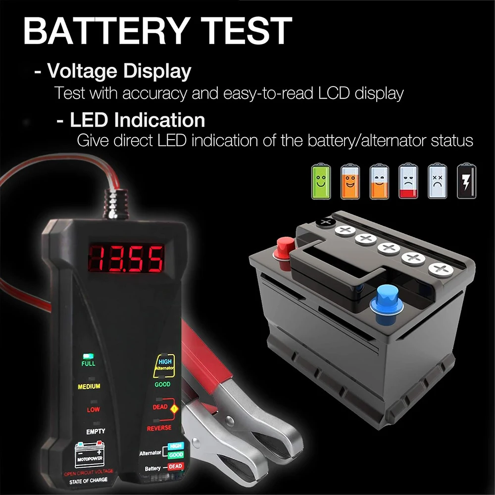 14A 12V 디지털 자동차 배터리 테스터 전압계 및 충전 시스템 분석기(LCD 디스플레이 및 LED 표시 포함)