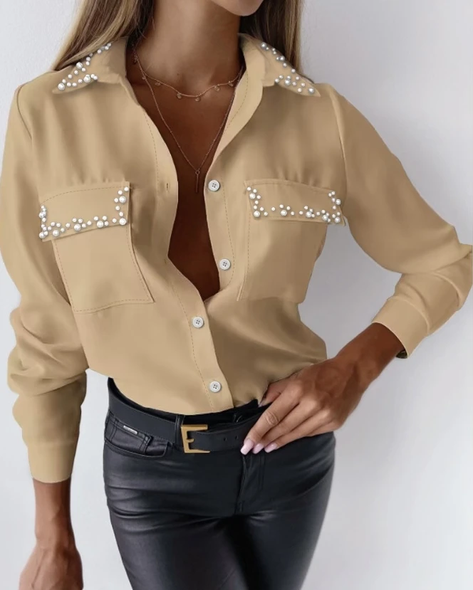 Bead Buckle Pocket Design Top New Hot Selling Fashion Women's Long Sleeved Single Breasted Casual Shirt european and american fashion y2k belt men and women s square bead pyramid rivet belt grasp beads simple design belt soft a2316