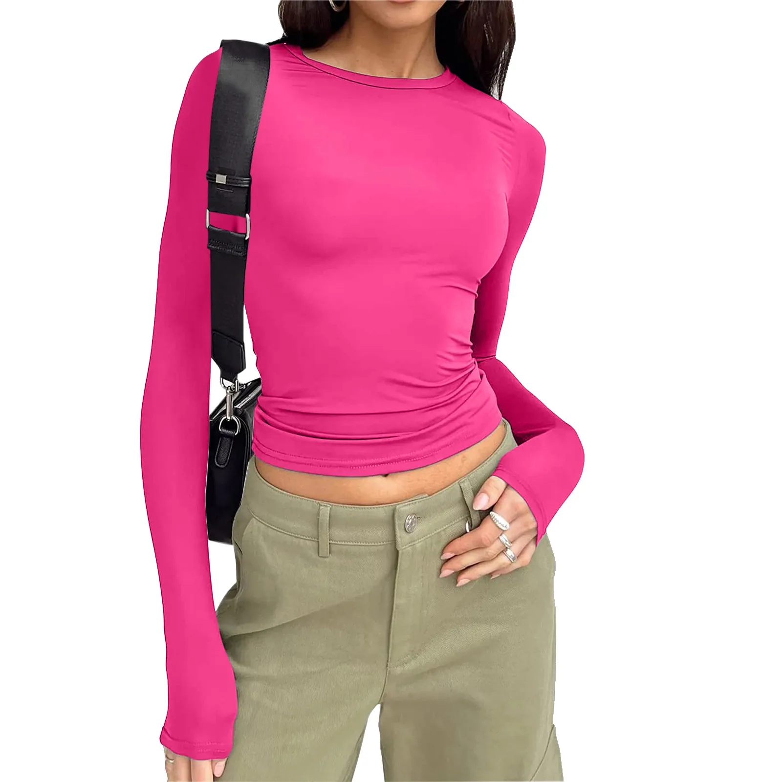 Hot-Pink T Shirt Donna Primavera Donna Y2K Vestiti Solid Slim Mesh Sexy Slim Fit Skinny Cropped Manica Lunga Tee Top Ropa Mujer