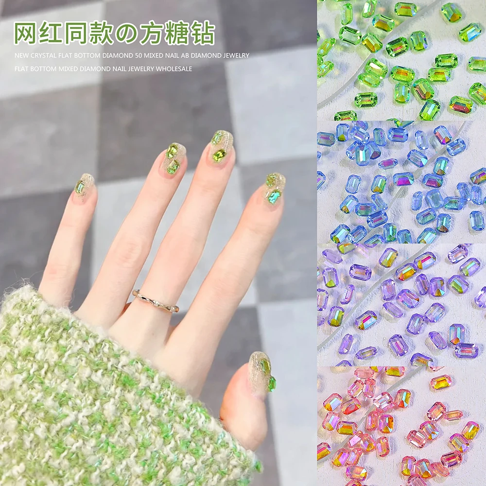 

50pcs Aurora Nail Rhinestone Candy Color Square Charms Nail Art Decorations 4X6mm Resin Gem Stones 3D Nails Crystal Rhinestone