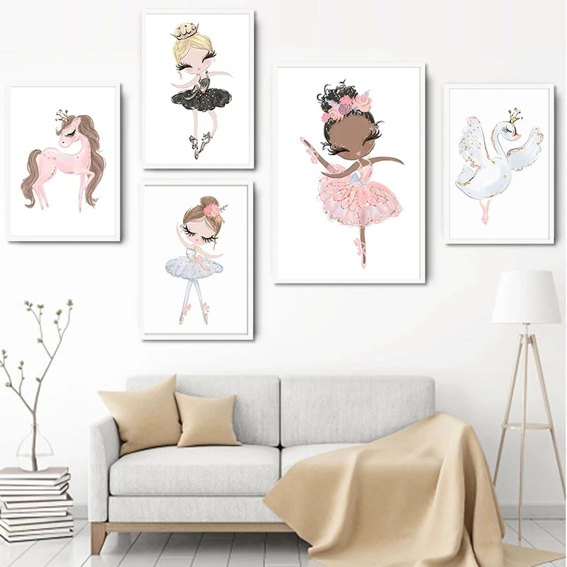 Ballet Princess Nursery Wall Art Pittura A Olio Nordic Unicorn Swan Printed Poster Wall Picture Baby Children Bedroom Decoration