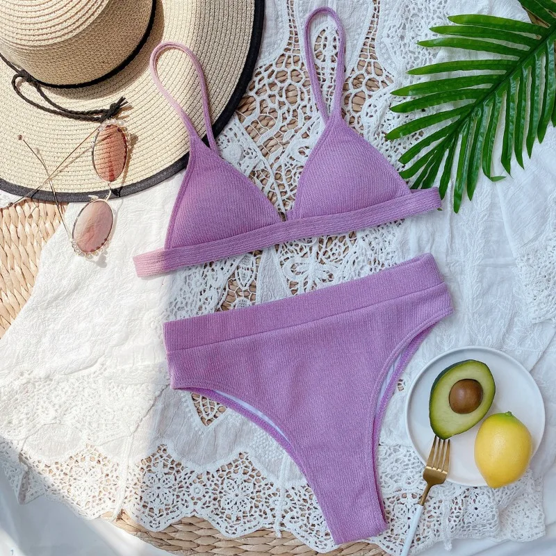 2024 Women High Waisted Swimsuit Sports Ribbed Bikini Set Adjustable Shoulder Strap Two Piece Swimsuit Swimwear
