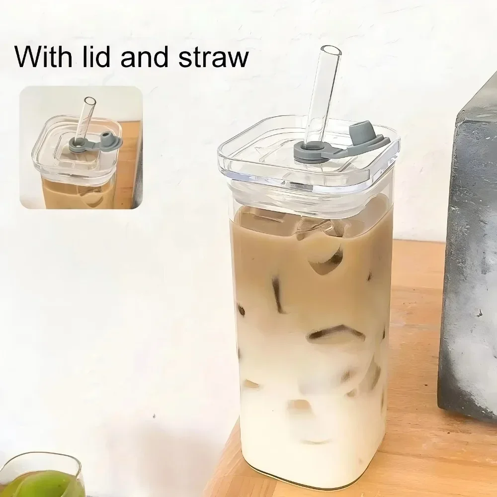 Home Transparent Square Heat Resistant Coffee Glass Cup with Lid and Straw, Milk, Tea, Juice Cups, Coffee Mug for Bar Drinkware