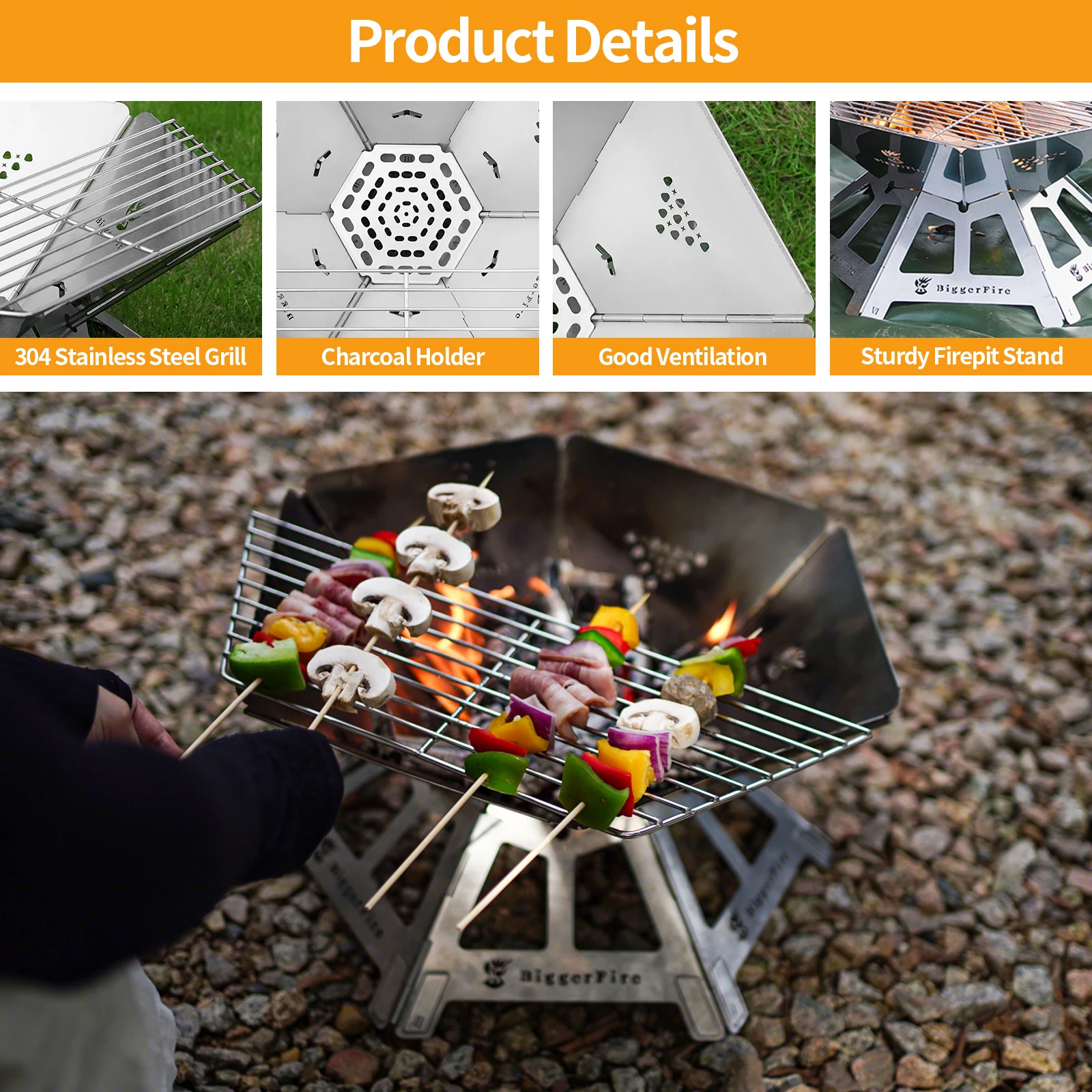 Portable Foldable Fire Pit Stainless Steel Outdoor Camping BBQ Grill