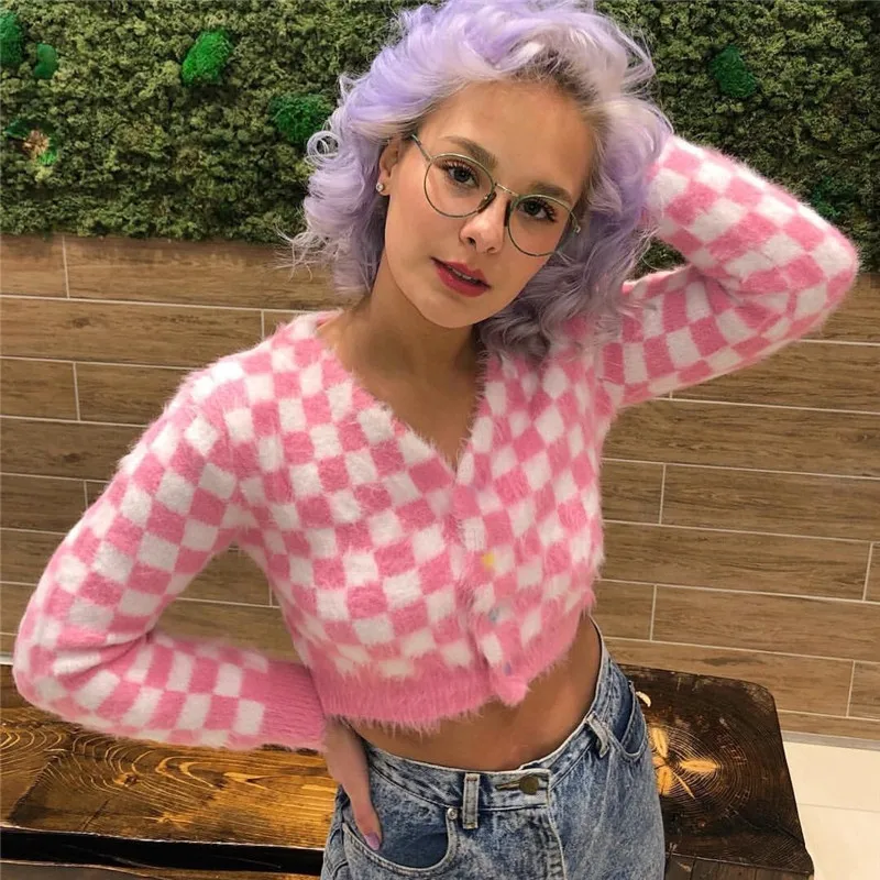 

Pink Checkerboard Y2k Crop Top Sexy V Neck Knitted Sweater Women Long Sleeve 2023 Spring New American Sweaters Ins Cardigan Coat