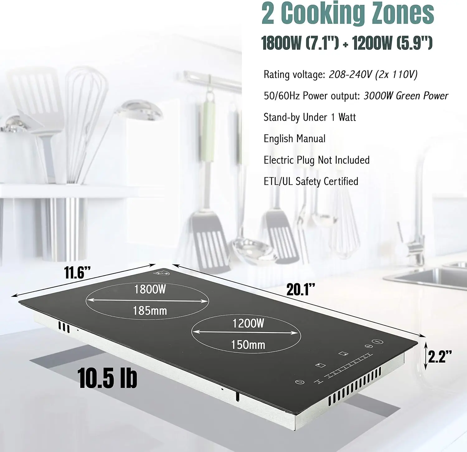 2 Two Burner Dual 12 Inch Built-in Electric Stove Top Radiant Ceramic Cooktop Sensor Touch Control 240V 3000W