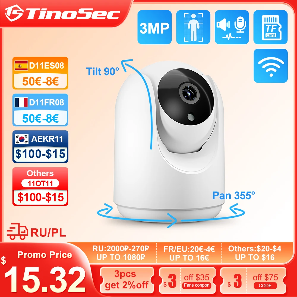 TinoSec HD 3MP Wireless IP Camera Indoor Baby Monitor Human Detect Auto Tracking Two-way Audio Record PTZ WiFi Camera iCsee P2P hontusec 4mp icsee ptz camera human detect auto tracking surveillance cameras two way audio icsee camera support alexa google