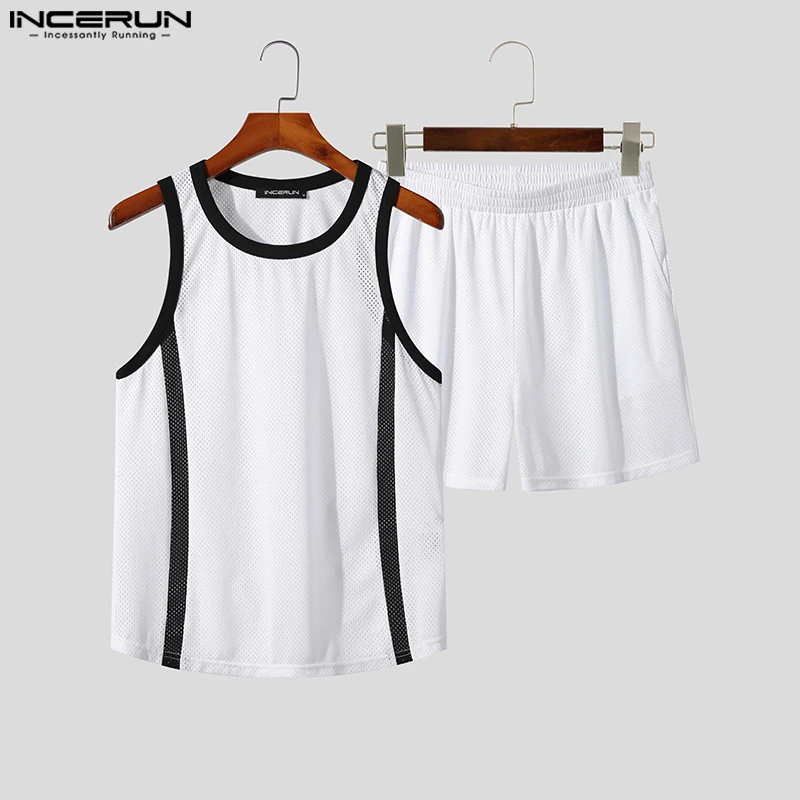INCERUN 2023 Korean Style Mens Sets Sleeveless Tank Tops Shorts Handsome Men's Fashion Black&White Contrast Two Piece Sets S-5XL