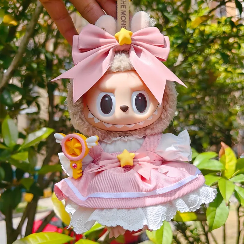 17cm Labubu Sweet and Cute Set Toy Lila 600% DIY Accessories Kawaii Korean Kpop Labubu Idol Skirt Doll Clothing Sakura Magic