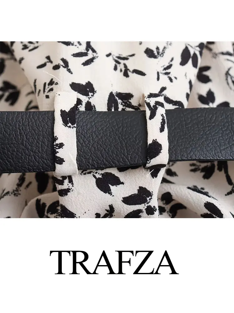 TRAFZA 여성용 캐주얼 프린트 원피스 싱글 브레스트 벨트 원피스 느슨한 미니 드레스, 우아한 여성용 빈티지 원피스, 2024 용수철 여름