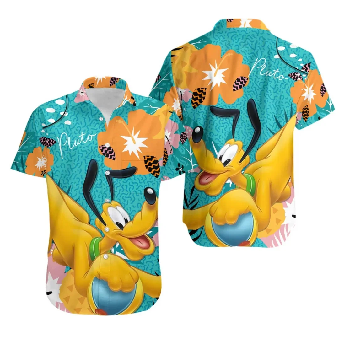 Disney Pluto Dog Hawaiian Shirts Men's Women Summer Short Sleeve Shirts Disney Hawaiian Casual Beach Harajuku Top