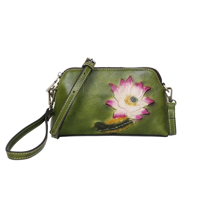

Vintage Women Genuine Leather Clutch Bag Small Floral Pattern Ladies Cowhide Shoulder or Crossbody Bags