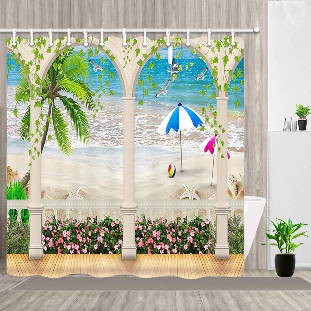 

Summer Vacation Shower Curtain Sea Beach with Castle Balcony Bathroom Polyester Fabric Bath Curtains with Hooks Washable