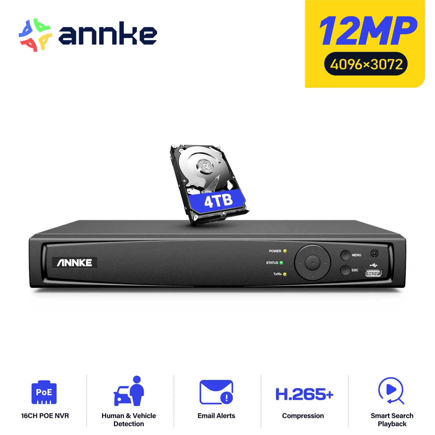 ANNKE 12MP POE NVR Network Video Recorder 4/8/16CH NVR For POE Camera P2P Cloud Function Supports up to 16 x 4K IP Cameras 1