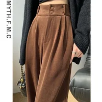 Women's High-Waisted Slimming Corduroy Pants Coffee Color Straight-Leg Bell Bottoms New Style For Autumn/Winter 2023