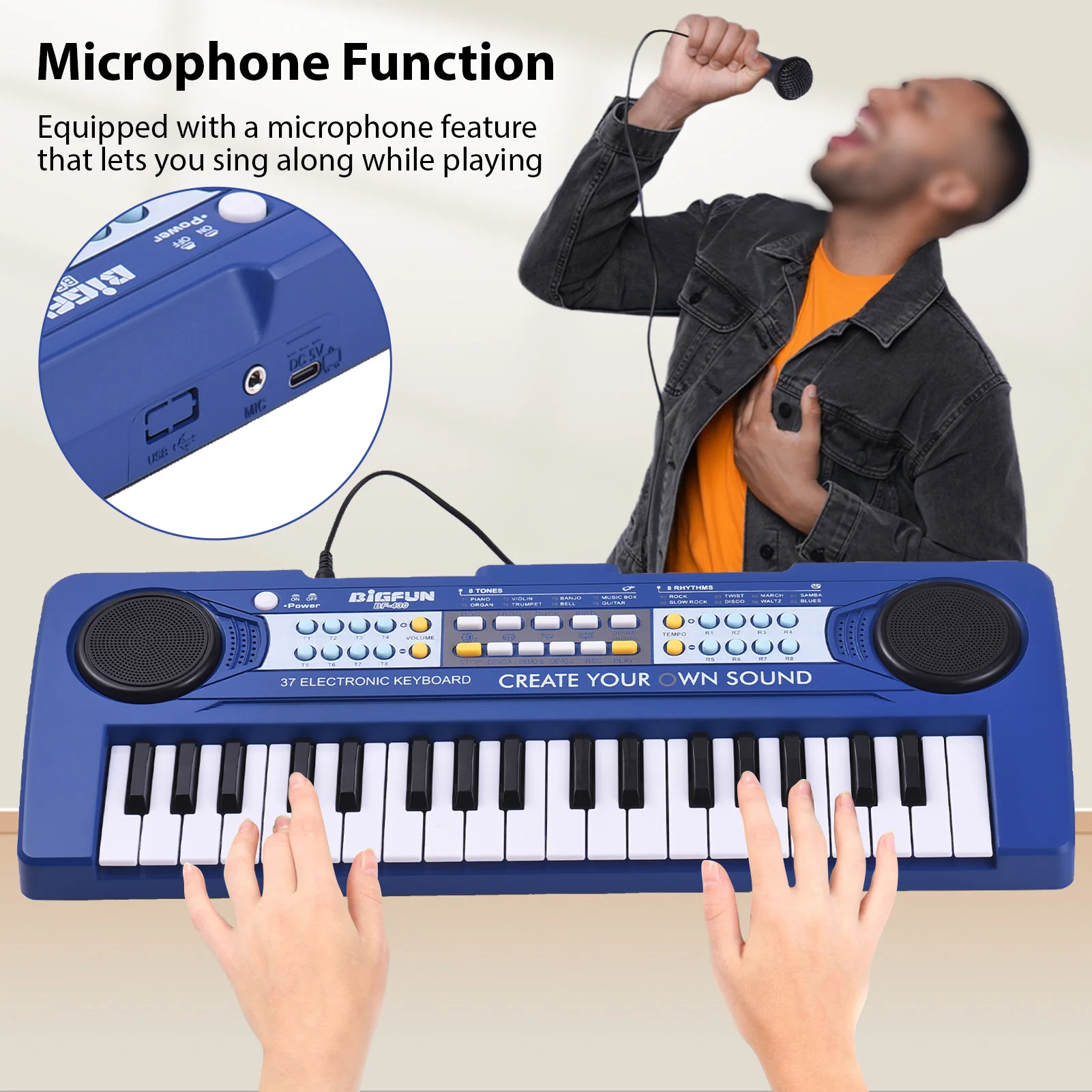 BIGFUN 37 Key Electronic Keyboard Piano 8 Tones 8 Rhythms 4 Percussion 6 Demos Dual Speaker Musical Instrument for Beginners