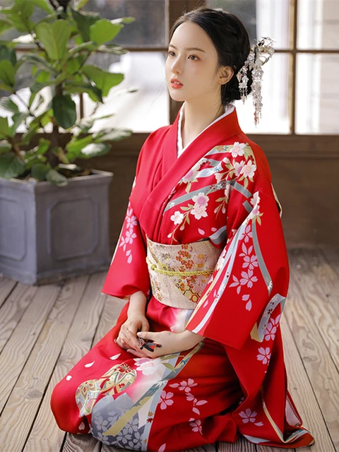 Kimono tradicional japonés de manga larga para mujer, Color rojo, vestido  Formal Yukata para fotografía y actuación, disfraz de Cosplay, novedad de