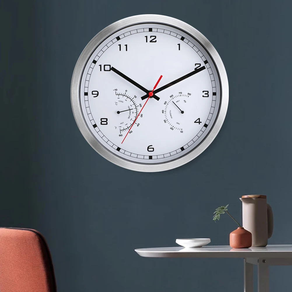 Battery Operated Wall Clock with Silent Movement and Temperature Humidity Display 10 Inch Aluminum Frame Design