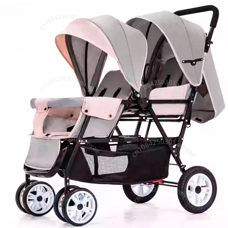 Lightweight Twins Baby Stroller Foldable Portable Twins Baby Stroller Adjustable Backrest Four-wheeled
