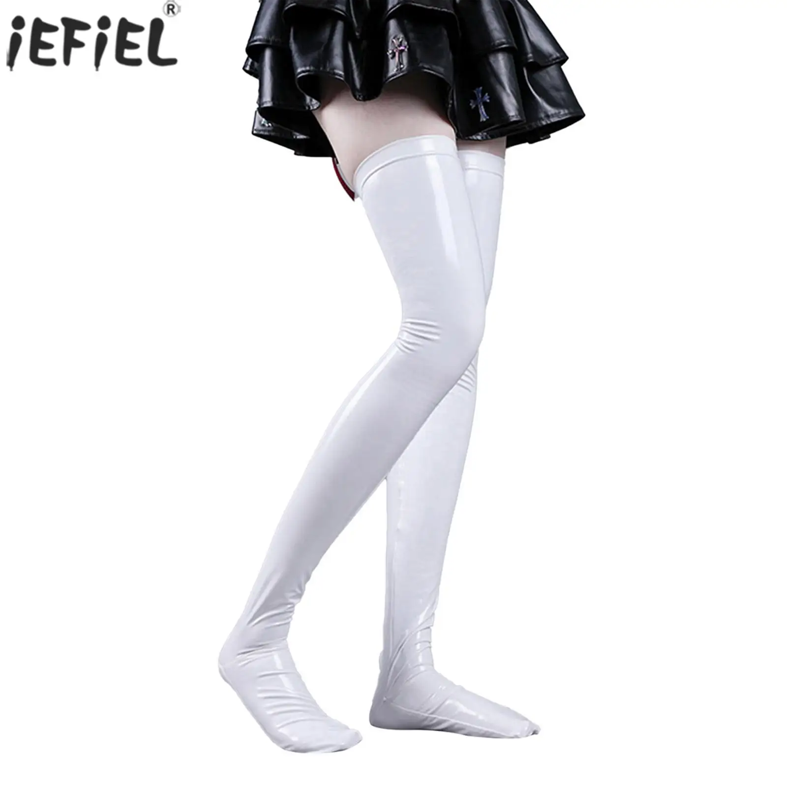 

Womens Glossy Wet Look Patent Leather Over Knee Thigh High Stockings Skinny Contrast Red Black Socks Ladies Erotic Clubwear
