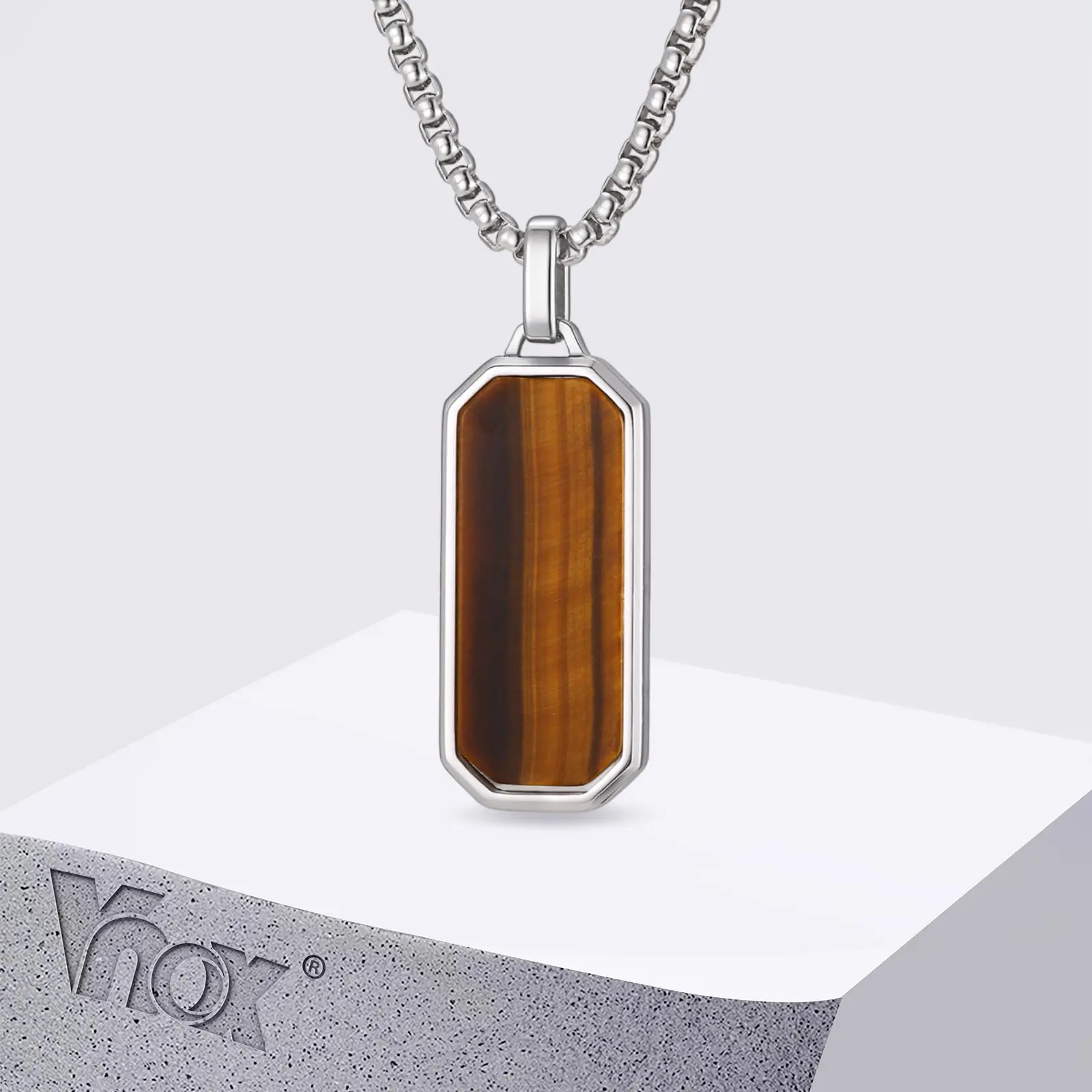 Vnox Halskette mit Anhänger aus natürlichem Tigerauge für Männer und Jungen, Edelstahl-Kastenkette, geometrische Punk-Halsketten, Schmuck, Geschenke, NEU