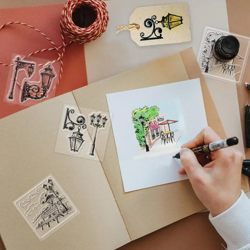 Mini Street Lamp Clear Stamps 4Pcs For DIY Scrapbooking Mini Park Streetscape