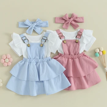 Infant Baby Girls Summer Clothes Sets Cute Ruffle Short Sleeve Ribbed Romper+Layered Suspender Dress+Bow Headband 3PCS Outfits 1