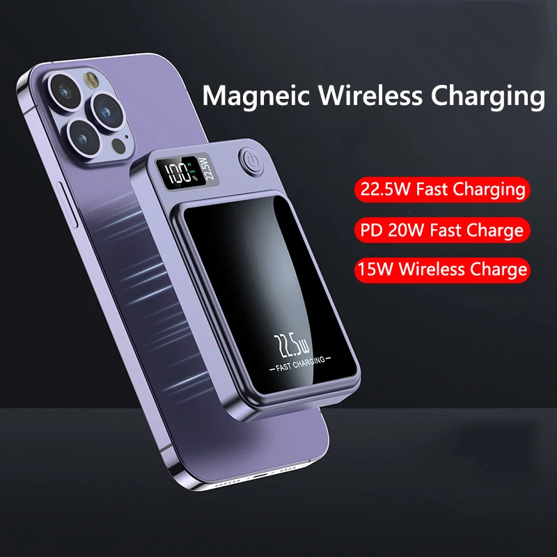 Powerbank Magnétique 20000mAh - Charge Rapide PD 20W Et Sans Fil 15W Pour IPhone, Avec Câbles Intégrés Et Écran Numérique - 7