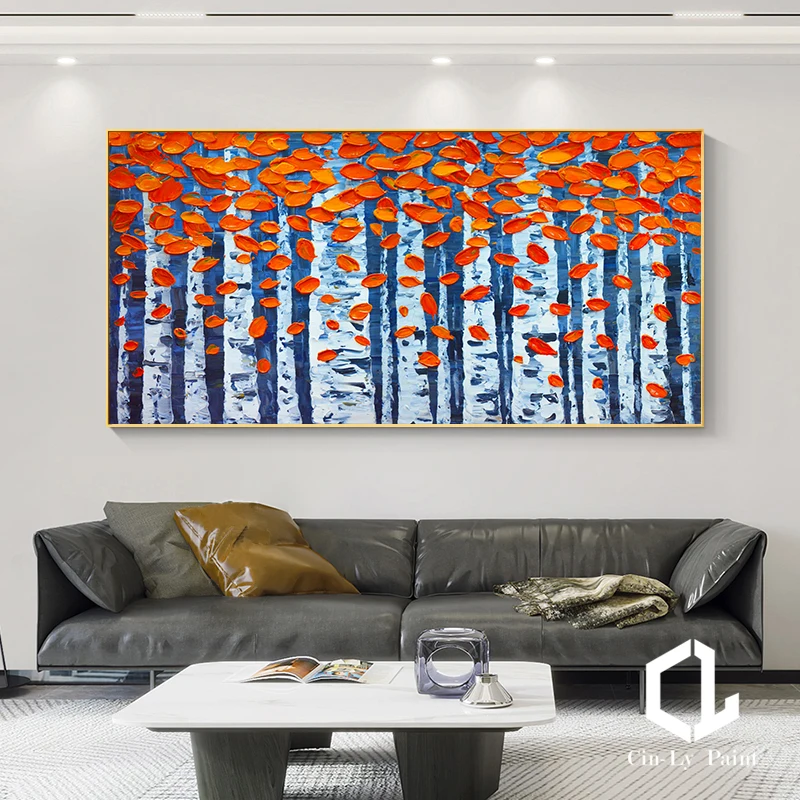 

Handmade Oil Painting Silver Birch Trees Planted Forest Landscape Sitting Room Porch Living Room Decoration Restaurant Frameless