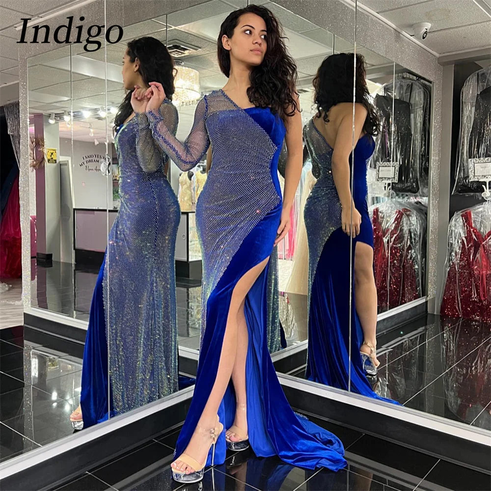 

Indigo One Shoulder Long Sleeves Velour Mermaid Prom Dress High Side Slit Sexy Eveing Gown For Women Custom Made