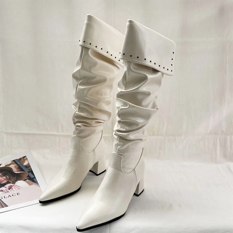 Knee High Women Boots Pointed Toe High Heels Sexy Shoes Winter Luxury Chunky Leather Shoes Chelsea Boots Elegant Pumps De Mujer